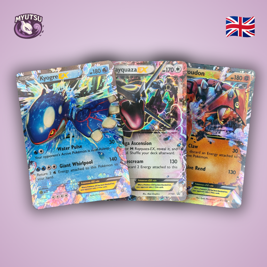 Lot de 3 cartes : Rayquaza EX (XYPR 69), Kyogre EX (PRC 54), Groudon EX (PRC 85)